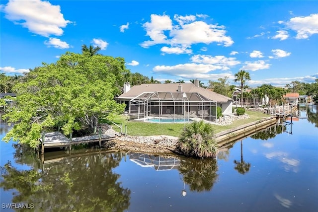 view of dock featuring a lanai, an outdoor pool, and a water view