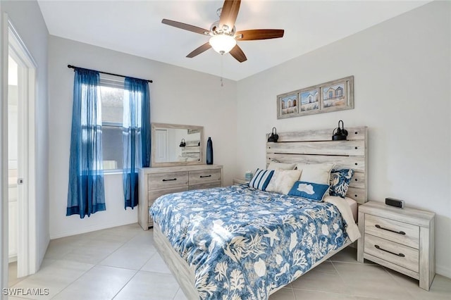 bedroom featuring ceiling fan and light tile patterned flooring