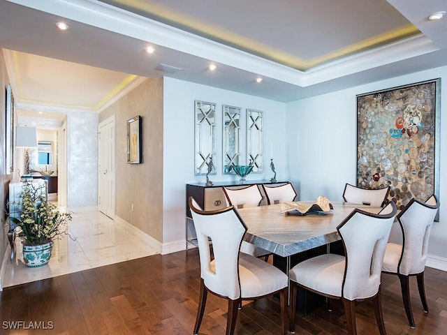 1255 Gulf Shore Blvd N Unit 3N, Naples, FL 34102 - dining space with a tray ceiling, baseboards, ornamental molding, recessed lighting, and wood finished floors