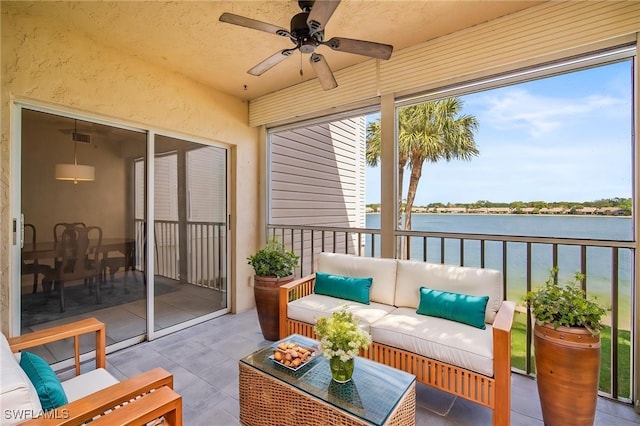 2651 Citrus Lake Dr Unit D203, Naples, FL 34109 - sunroom / solarium featuring an outdoor living space, ceiling fan, visible vents, and a water view