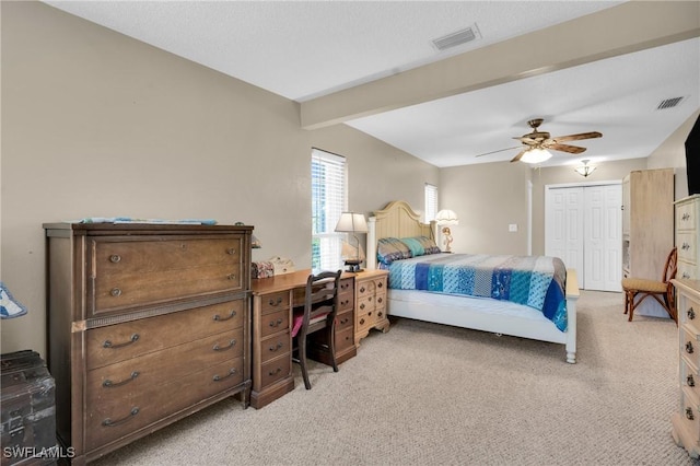 1514 Canal St, Lehigh Acres, FL 33936 - bedroom featuring light carpet, visible vents, beam ceiling, and a closet