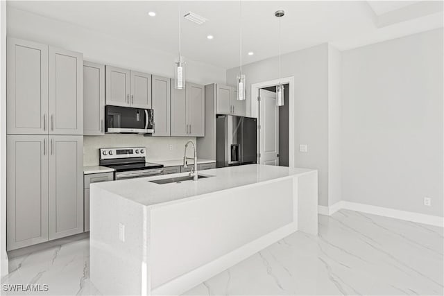 1819 NW 19th Ave, Cape Coral, FL 33993 - kitchen with gray cabinetry, marble finish floor, appliances with stainless steel finishes, and a sink