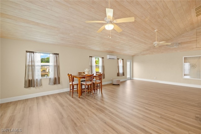 dining area with plenty of natural light, light wood finished floors, wooden ceiling, and ceiling fan