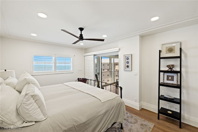 bedroom with recessed lighting, ceiling fan, baseboards, and wood finished floors