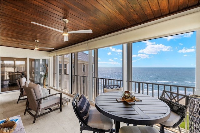 sunroom / solarium featuring wood ceiling, plenty of natural light, and a water view