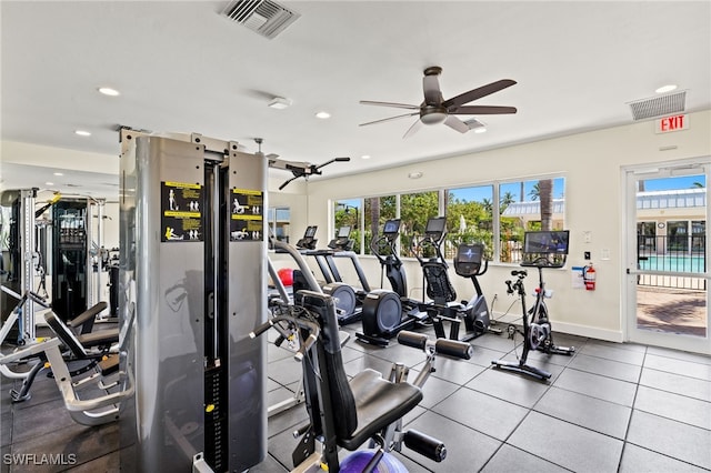 exercise room featuring baseboards, a ceiling fan, visible vents, and recessed lighting