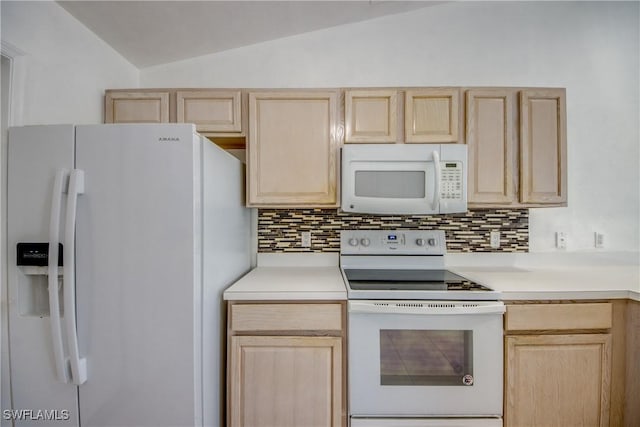 4355 SW 21st Pl, Cape Coral, FL 33914 - kitchen with white appliances, light brown cabinets, lofted ceiling, backsplash, and light countertops