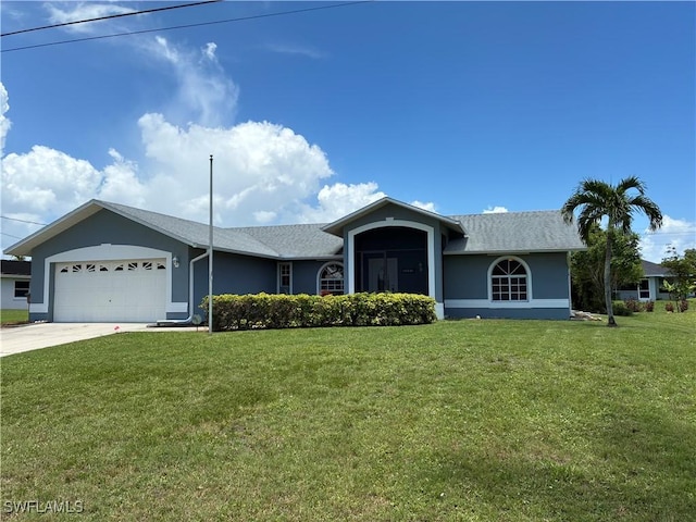 4355 SW 21st Pl, Cape Coral, FL 33914 - ranch-style home with an attached garage, a front lawn, stucco siding, and driveway