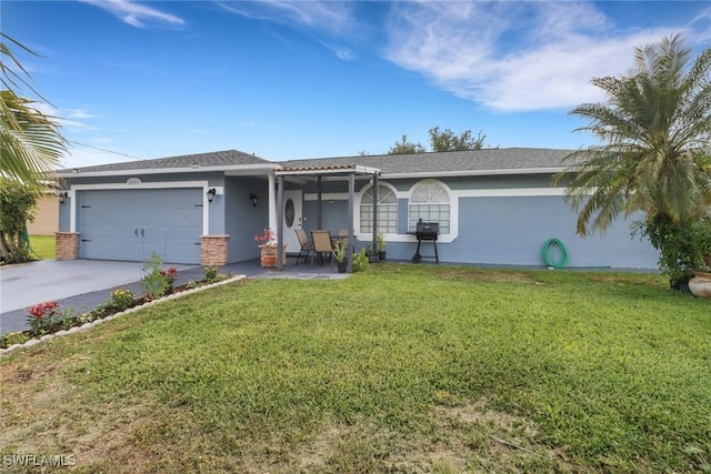 ranch-style house with a front yard, driveway, stucco siding, and an attached garage