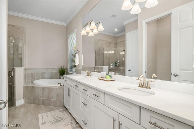 13504 Blue Bay Cir, Miromar Lakes, FL 33913 - bathroom featuring a sink, a bath, a stall shower, and crown molding