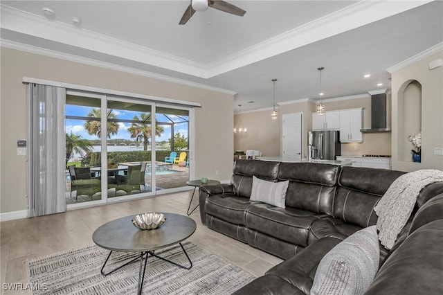 13504 Blue Bay Cir, Miromar Lakes, FL 33913 - living area featuring recessed lighting, baseboards, crown molding, and ceiling fan
