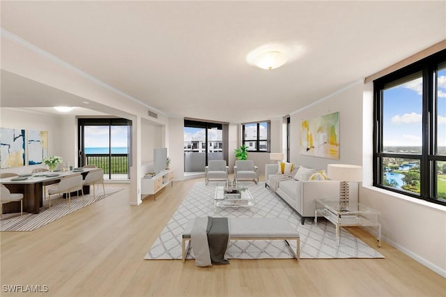 living area with baseboards, wood finished floors, a wealth of natural light, and crown molding