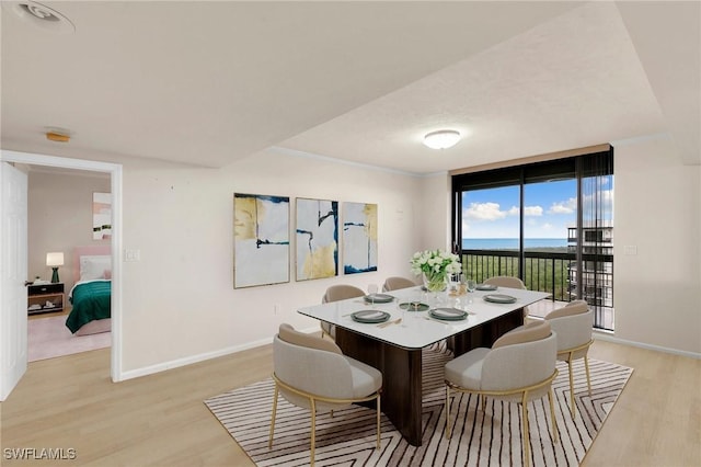 dining area featuring light wood finished floors, baseboards, and floor to ceiling windows