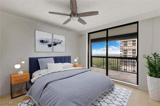 bedroom featuring floor to ceiling windows, access to outside, light wood finished floors, baseboards, and ornamental molding