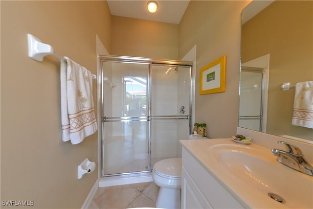 full bathroom featuring tile patterned floors, toilet, a shower stall, and vanity