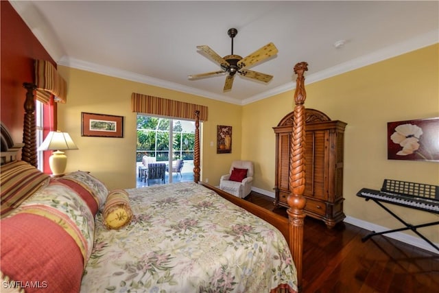 bedroom featuring access to outside, a ceiling fan, ornamental molding, wood finished floors, and baseboards