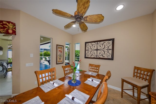 dining area featuring recessed lighting, baseboards, and a ceiling fan