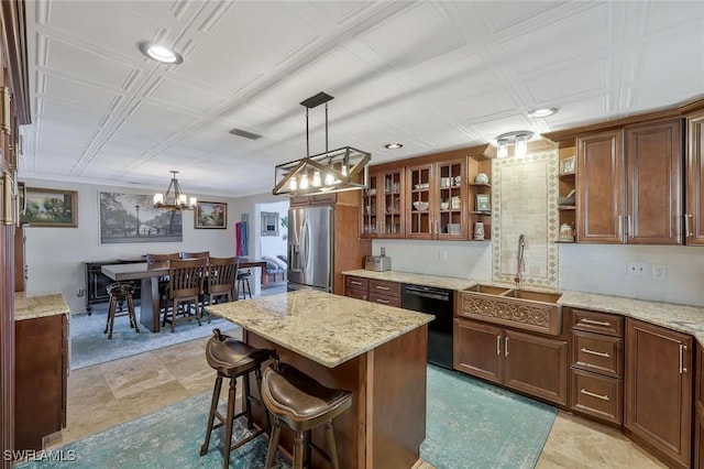 2135 SE 15th St, Cape Coral, FL 33990 - kitchen featuring dishwasher, stainless steel refrigerator with ice dispenser, a chandelier, open shelves, and an ornate ceiling