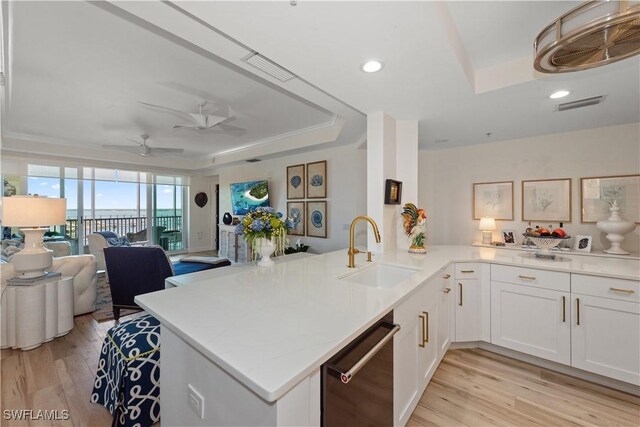 kitchen featuring light wood finished floors, a sink, a tray ceiling, open floor plan, and visible vents