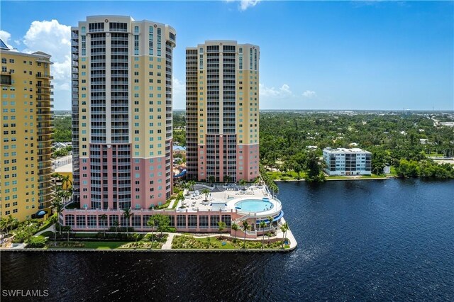 exterior space with a water view