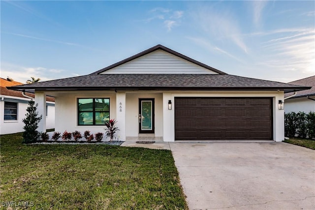 668 104th Ave N, Naples, FL 34108 - ranch-style home with a garage, a front lawn, roof with shingles, stucco siding, and concrete driveway