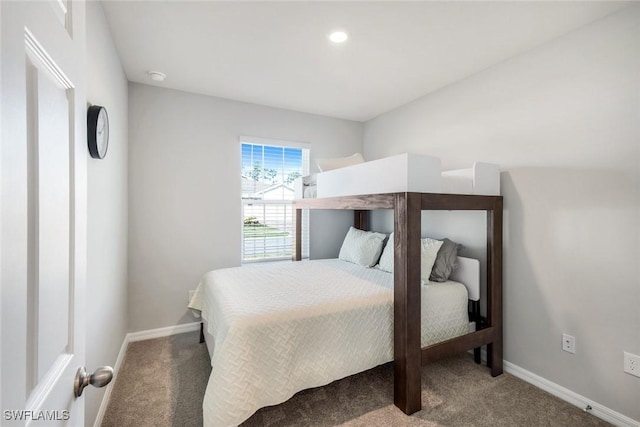 bedroom with recessed lighting, carpet flooring, and baseboards