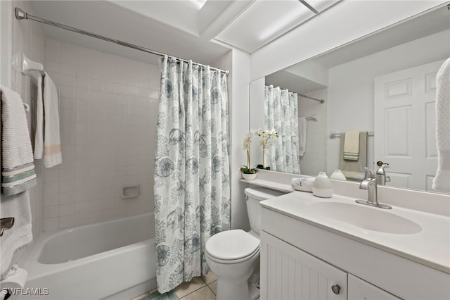 full bath with toilet, vanity, shower / bath combination with curtain, and tile patterned flooring