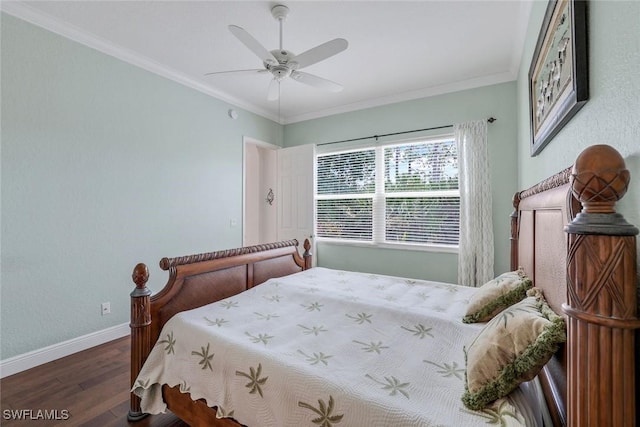 bedroom featuring ceiling fan, baseboards, ornamental molding, and wood finished floors