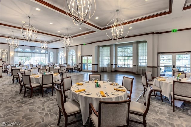 dining room featuring an inviting chandelier, ornamental molding, and recessed lighting