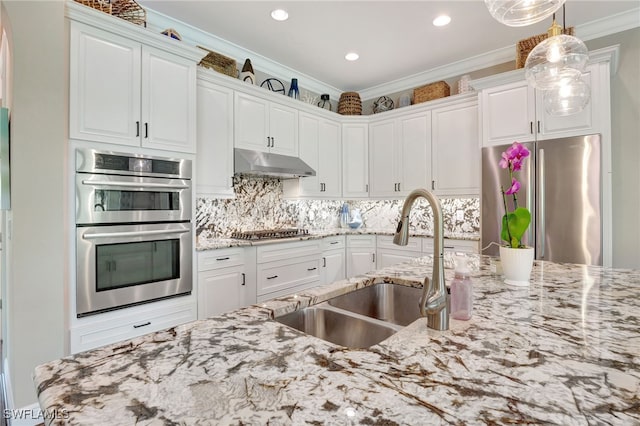 kitchen featuring light stone counters, a sink, stainless steel appliances, white cabinets, and under cabinet range hood