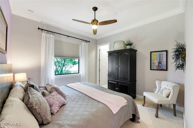 14501 Marsala Way, Naples, FL 34109 - bedroom featuring light carpet, crown molding, and ceiling fan