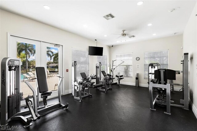 7099 Pond Cypress Ct Unit 102, Naples, FL 34109 - workout area featuring ceiling fan, french doors, baseboards, and recessed lighting
