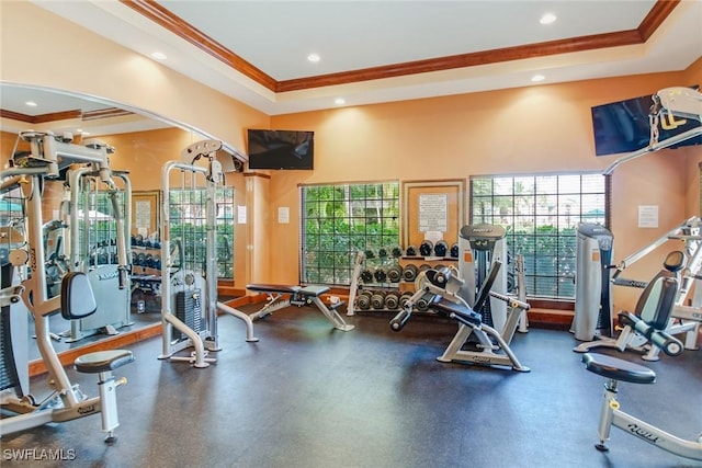 1150 Wildwood Lakes Blvd Unit 306, Naples, FL 34104 - exercise room with crown molding, a wealth of natural light, and a tray ceiling