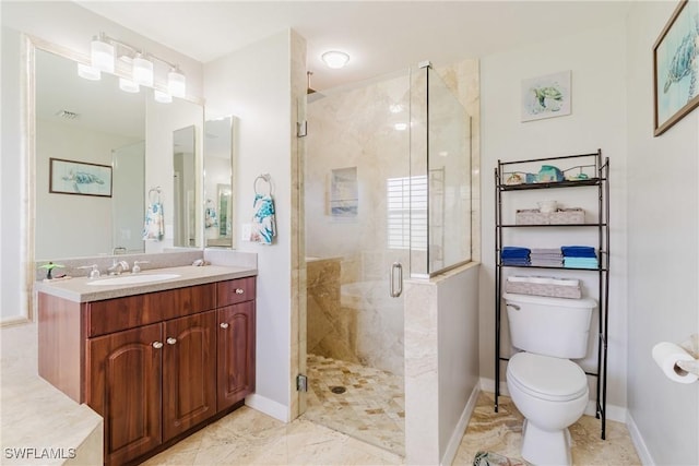full bath with a shower stall, toilet, vanity, baseboards, and visible vents