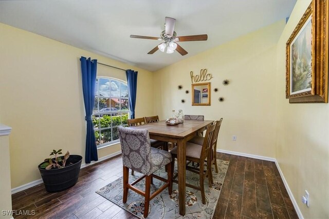 3322 SW 29th Ave, Cape Coral, FL 33914 - dining room featuring ceiling fan, wood finished floors, and baseboards