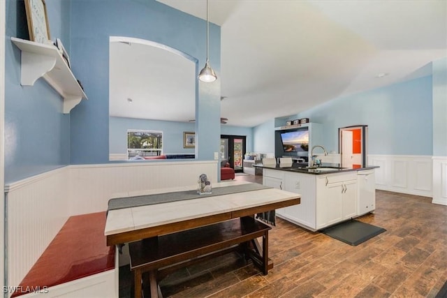 3322 SW 29th Ave, Cape Coral, FL 33914 - interior space featuring a decorative wall, dark wood-style floors, vaulted ceiling, and a wainscoted wall