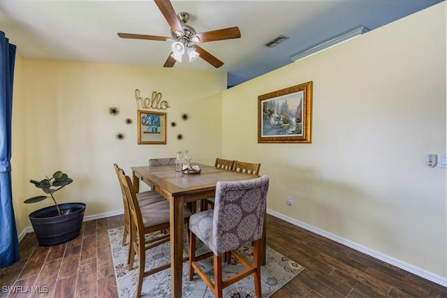 3322 SW 29th Ave, Cape Coral, FL 33914 - dining area featuring wood finished floors, baseboards, a ceiling fan, and visible vents