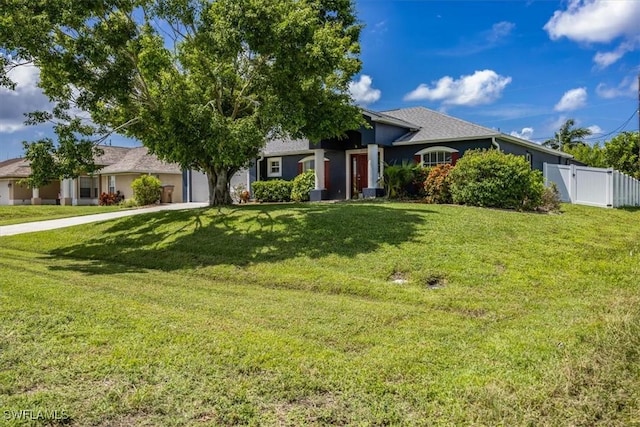 3322 SW 29th Ave, Cape Coral, FL 33914 - view of front of house featuring stucco siding, a gate, a front lawn, an attached garage, and fence