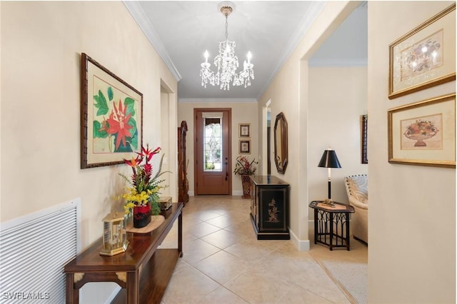 interior space featuring baseboards, a chandelier, light tile patterned floors, and crown molding