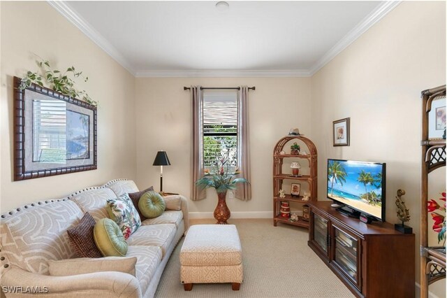 living room with light colored carpet, baseboards, and crown molding