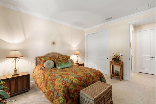 bedroom featuring light colored carpet, baseboards, crown molding, and visible vents