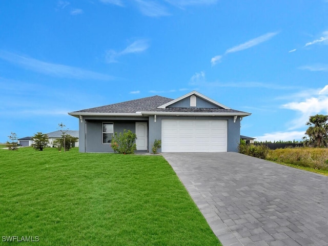 1512 NW 31st Ave, Cape Coral, FL 33993 - single story home with roof with shingles, decorative driveway, a front lawn, an attached garage, and stucco siding