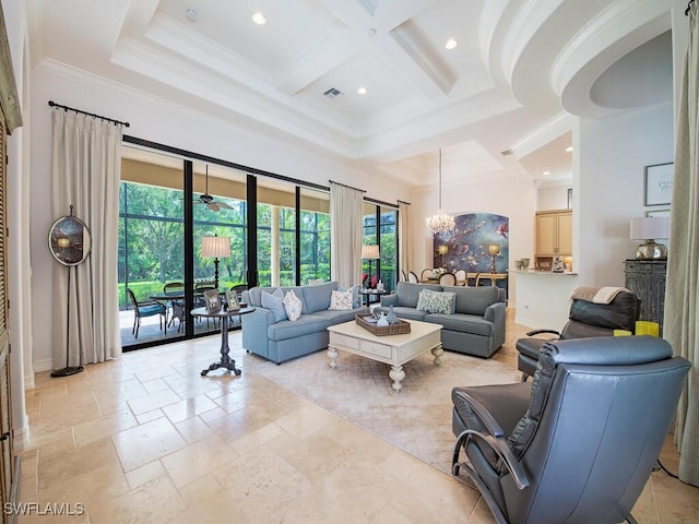 living room with crown molding, beamed ceiling, recessed lighting, a towering ceiling, and coffered ceiling