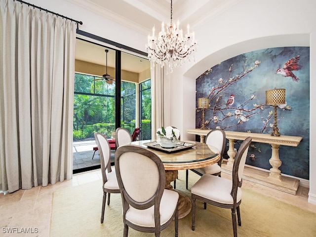 dining space featuring arched walkways, a notable chandelier, and ornamental molding