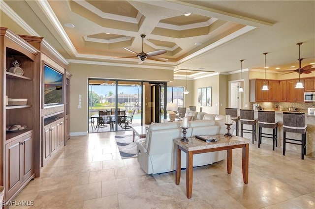 144 SW 54th Ter, Cape Coral, FL 33914 - living area featuring recessed lighting, coffered ceiling, baseboards, ceiling fan, and crown molding