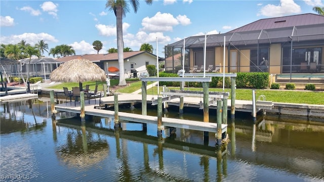 144 SW 54th Ter, Cape Coral, FL 33914 - view of dock featuring a water view, a lanai, and boat lift