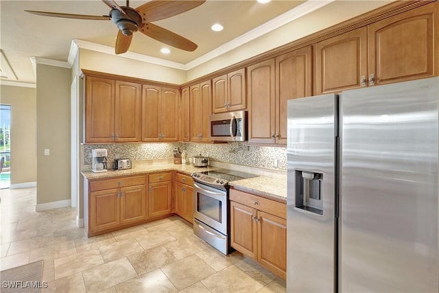 144 SW 54th Ter, Cape Coral, FL 33914 - kitchen with a ceiling fan, light stone counters, crown molding, decorative backsplash, and appliances with stainless steel finishes