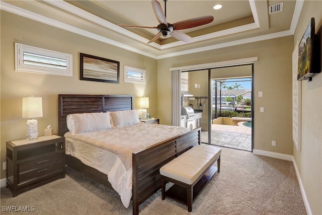 144 SW 54th Ter, Cape Coral, FL 33914 - bedroom with visible vents, access to outside, a raised ceiling, and ornamental molding