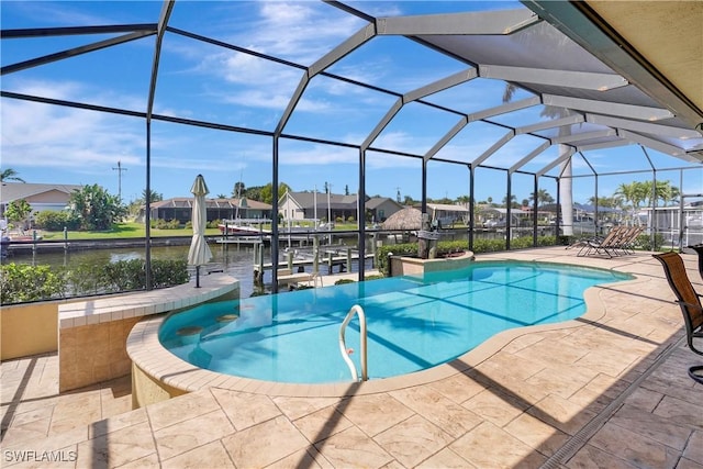 144 SW 54th Ter, Cape Coral, FL 33914 - pool featuring a water view, a dock, boat lift, a patio area, and glass enclosure
