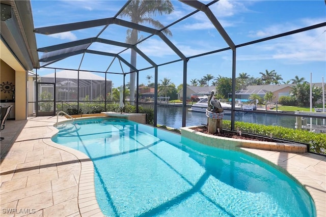 144 SW 54th Ter, Cape Coral, FL 33914 - pool featuring a water view, glass enclosure, a patio, and a dock